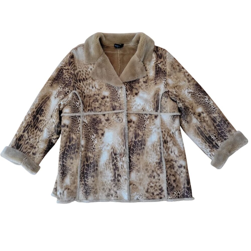 Dennis Basso Faux Fur Animal Print Coat 1X Winter Layering Luxury Glam‎ Starlet